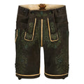 Traditional black lederhosen with green embroidery on a white background