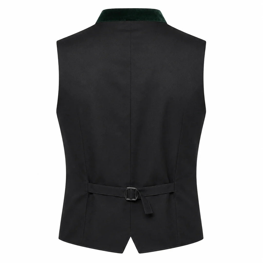 Black men's waistcoat vest with a dark green velvet collar and a matching tie belt at the back, shown on a plain white background.