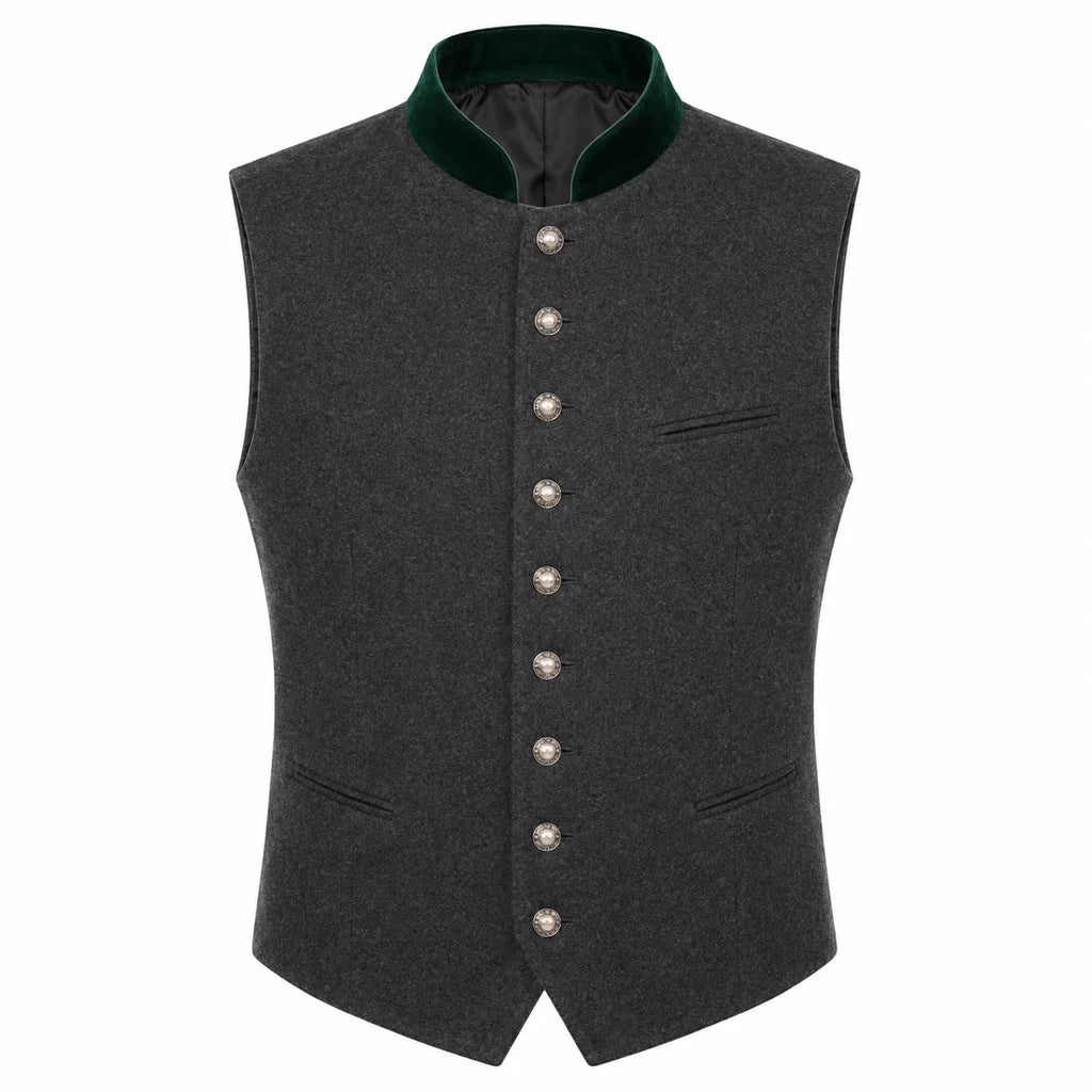 A dark gray wool felt vest with a dark green velvet collar and silver-tone buttons, shown on a plain white background.