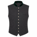 A dark gray wool felt vest with a dark green velvet collar and silver-tone buttons, shown on a plain white background.