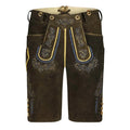 Brown leather shorts with decorative stitching on a white background