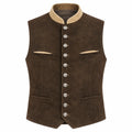 A dark brown suede vest with a beige collar and silver-tone decorative buttons, shown against a plain white background.