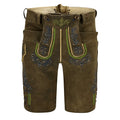 Brown leather shorts with decorative stitching on a white background