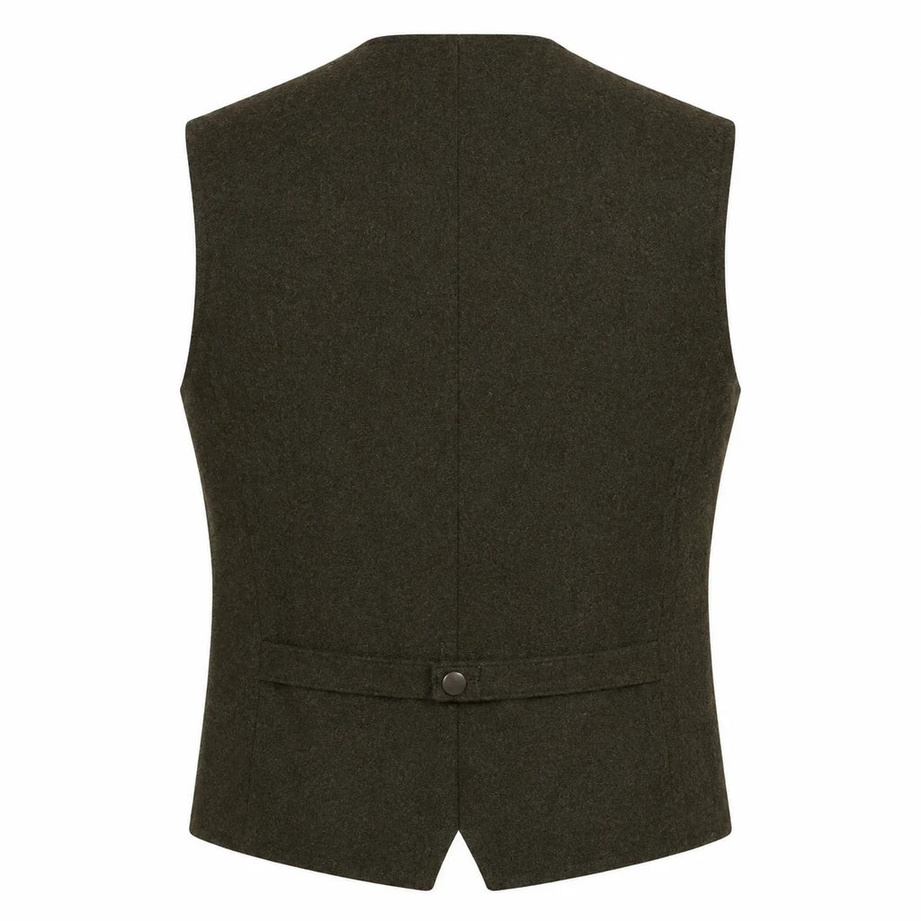 A dark olive green wool vest shown from the back, featuring a single button closure at the waist, photographed against a solid white background.