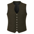 An olive green wool vest with a split neckline, silver-tone buttons, and welt pockets, shown on a plain white background.
