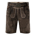 Brown leather shorts with decorative stitching on a white background