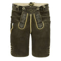 Brown leather shorts with decorative stitching on a white background