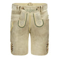 Beige leather shorts with decorative stitching on a white background
