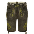 Brown leather shorts with green embroidery on a white background