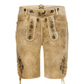 Beige leather shorts with black embroidery on a white background