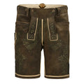 Brown leather shorts with decorative stitching on a white background