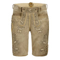 Traditional brown lederhosen with intricate embroidery on a white background