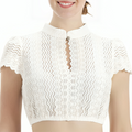 A woman wearing a white short sleeve lace blouse with a striped pattern.